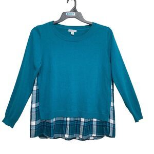 New York & Company Sweater Top Women's Size Large Green W/Attached Plaid Stretch
